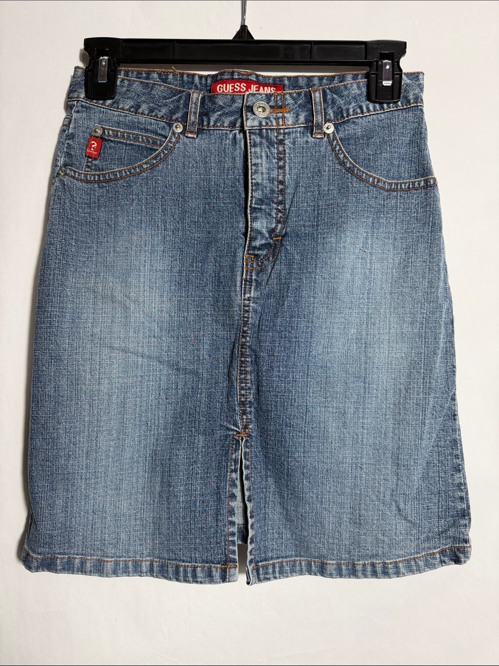 Vintage Y2K Guess‎ Jeans Denim Midi Skirt 90s Medium Wash Red Label Size 12